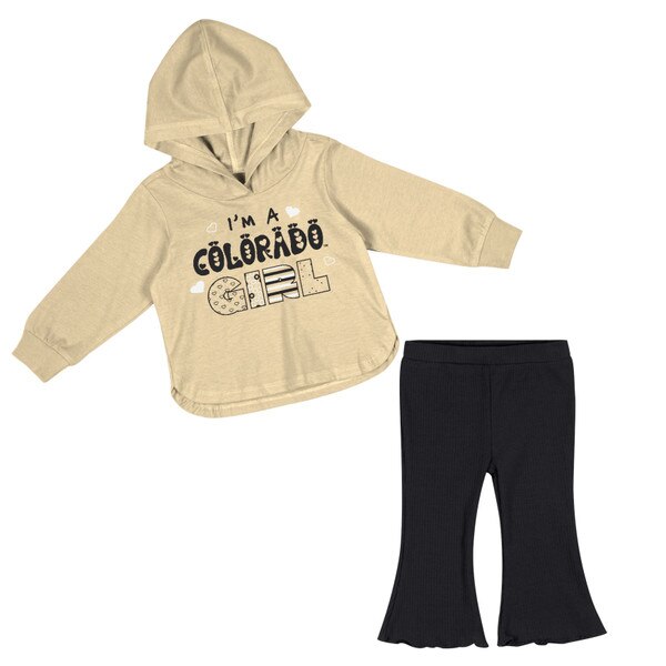 This is a two piece infant clothing set. The top is a pale gold. The word "Girl" is bolded and has various patterns on each letter. The bottoms are plain black flares with a lettuce hem.